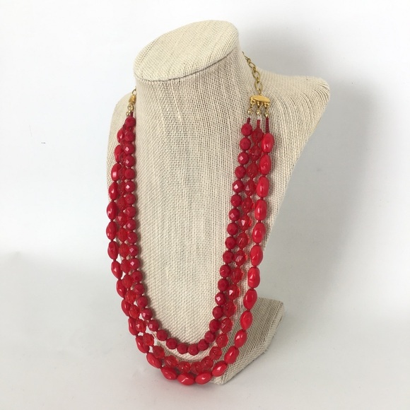 Vintage 3 Strand Red Glass Beaded Necklace Mid Century Estate Costume Jewelry - Picture 3 of 11
